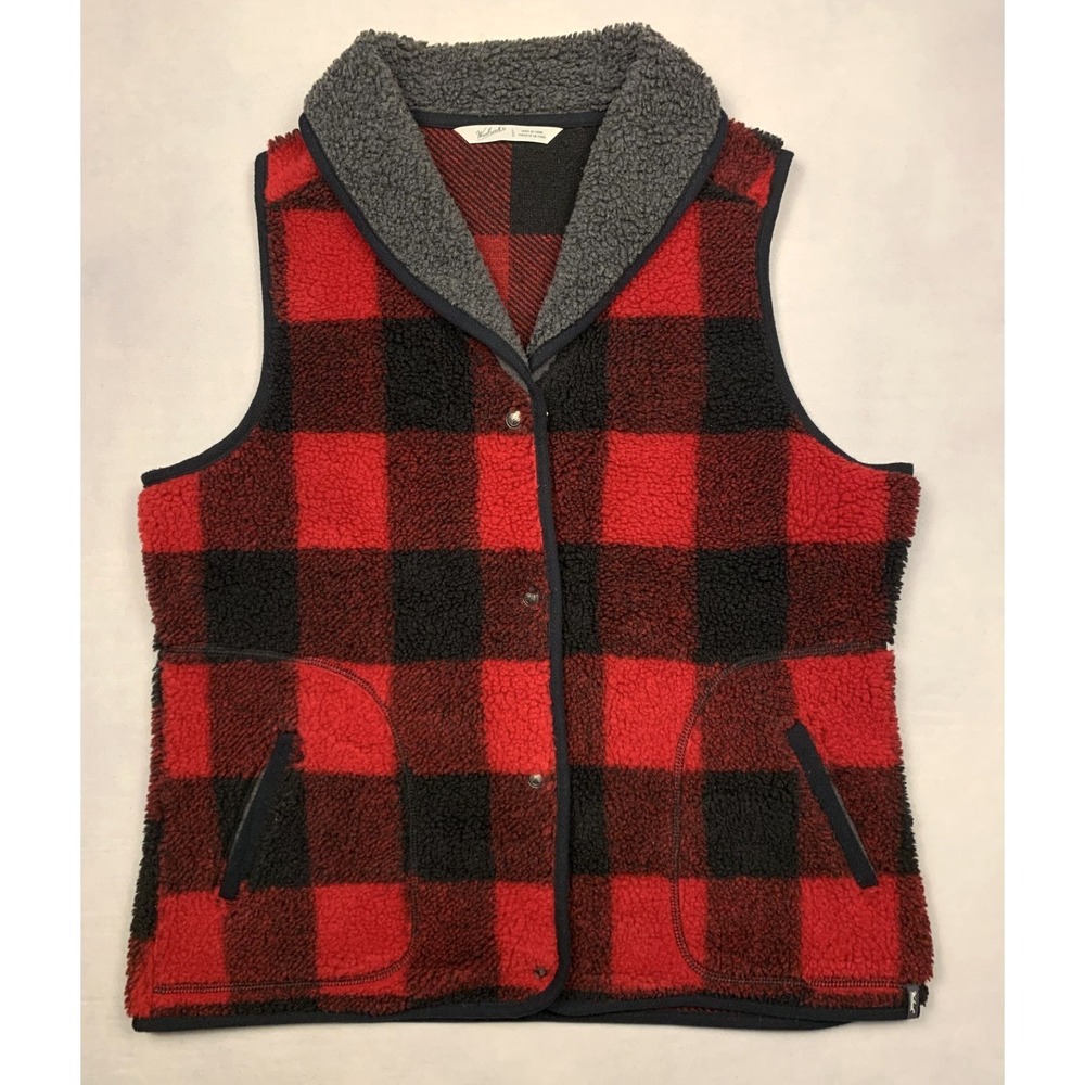 Woolrich Vest Womens Large Red Black Buffalo Plaid Sherpa Lined Fleece Vest